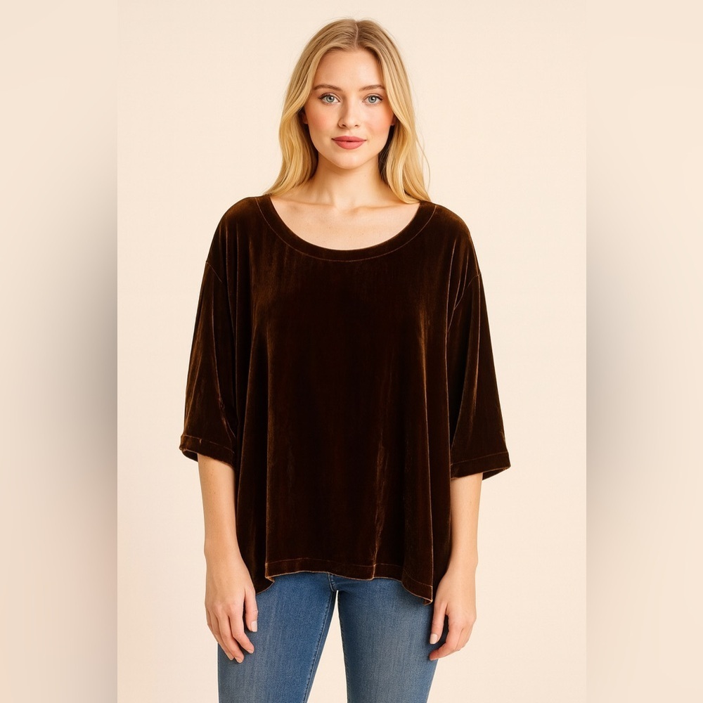 24 Eileen Fisher Woman Velvet Long Sleeve Blouse Size 1X Color Brown Bronze